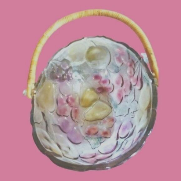 GLASS BASKET Fruit Oval LIBBY Orchard Style Bowl with RATTAN HANDLE VINTAGE - Picture 3 of 5